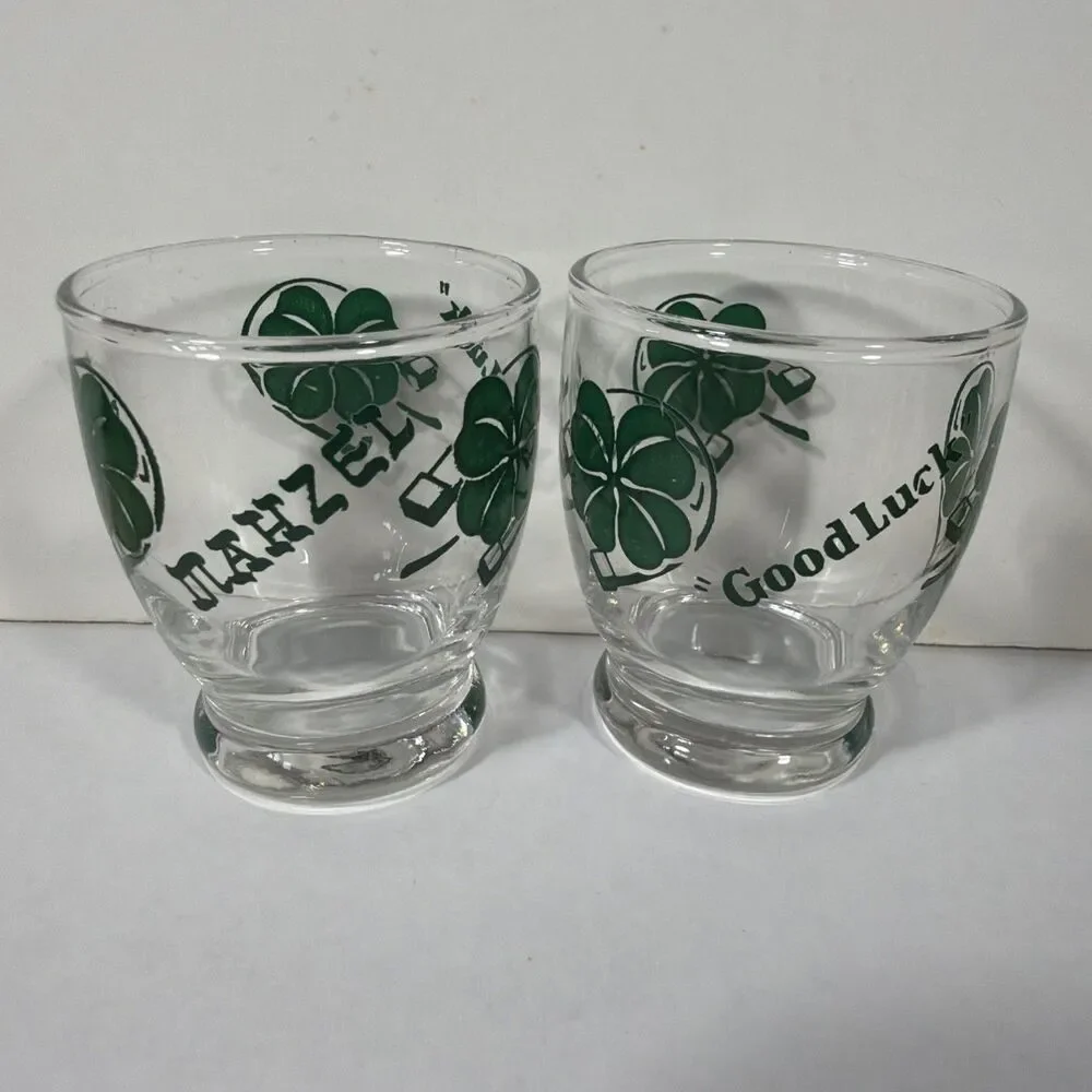 Good Luck Mahzel Four Leaf Clover Shot Glasses Set of 2 St. Patrick's Day 4 oz